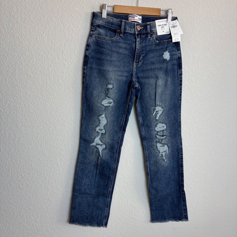 Abercrombie Kids High Rise Ankle Straight Distressed Jeans Blue Size 13/14 NWT